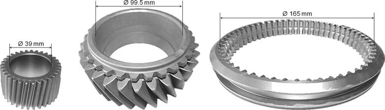 Fig. 6. Analyzed parts: planet gear, helical gear and sliding sleeve (from left)