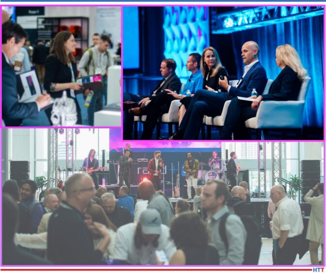 Conference attendees on the exhibit floor and an expert panel of 5 people