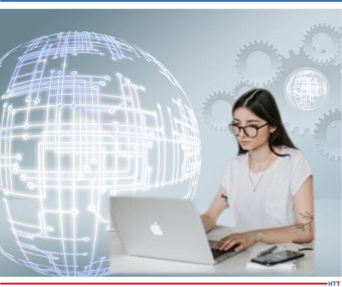 Young lady with a digitized globe as background looking studiously at a laptop 