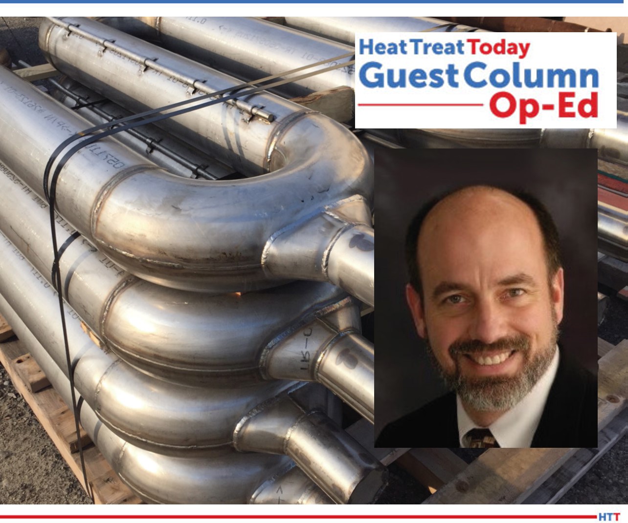 Stack of industrial radiant tubes with man’s face and Guest Column/Op-Ed logo