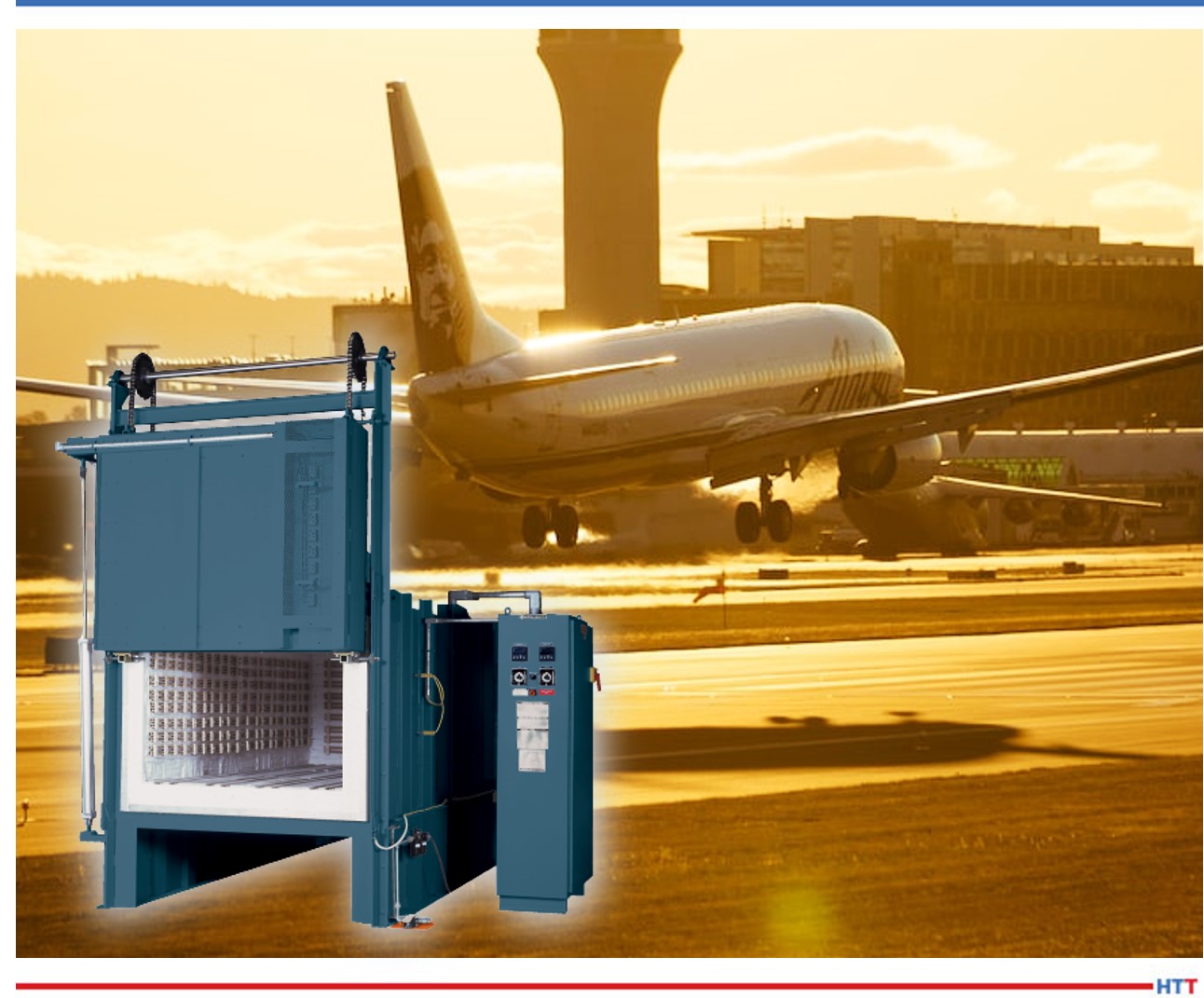 Airplane in the sunset. Box furnace in front of image.