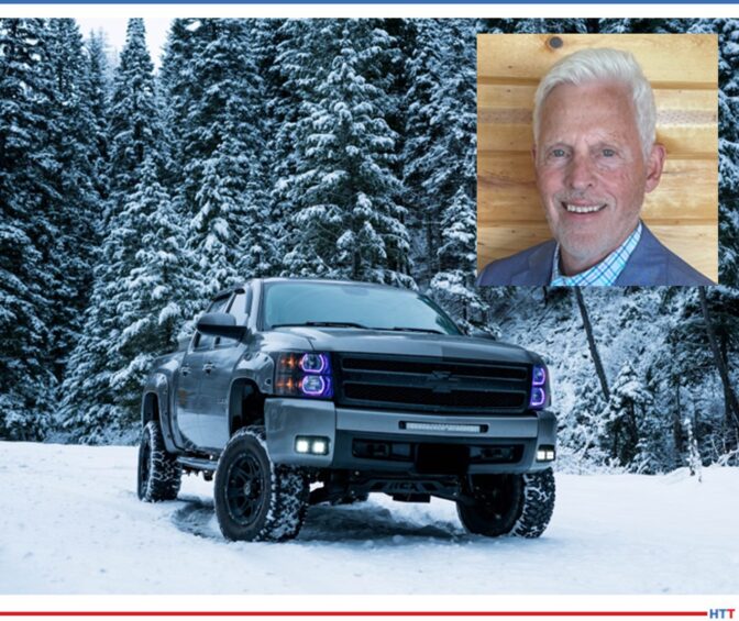 a pickup truck in the snow with an inset of the author’s face