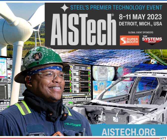 A windmill, smiling young man in a hardhat, and AISTech info