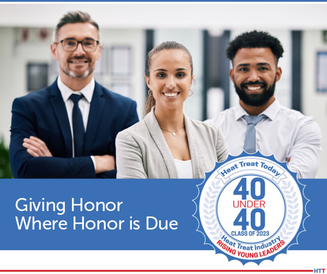 Logo for 2023’s 40 Under 40 and smiling faces of 3 people