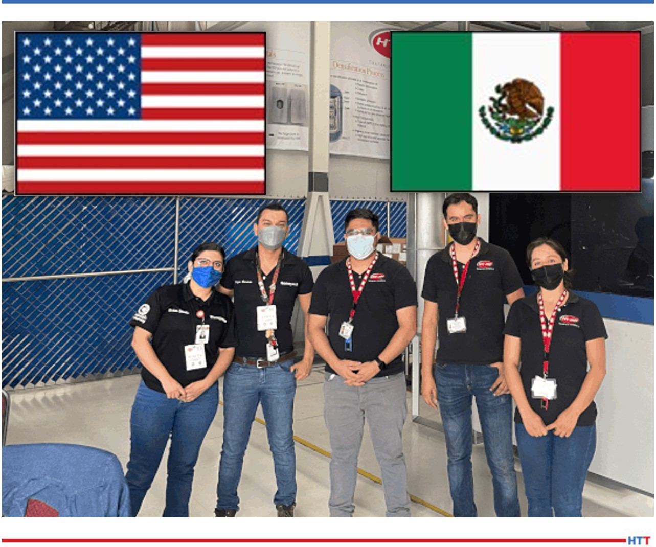 Group of 5 young people in black polos under the flags of US and Mexico