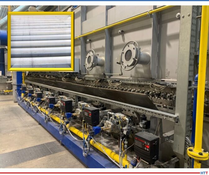 picture of a roller hearth furnace and a closeup of rollers