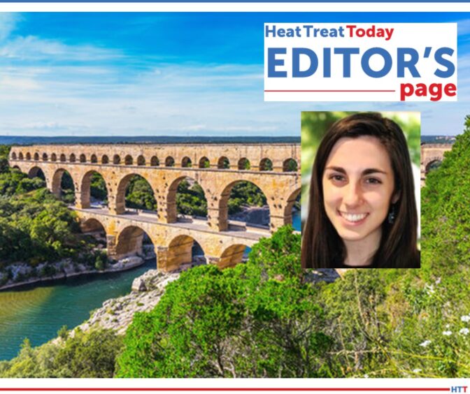 A stone, Roman aqueduct and the smiling face of a young woman under the Heat Treat Today Editor’s Page logo