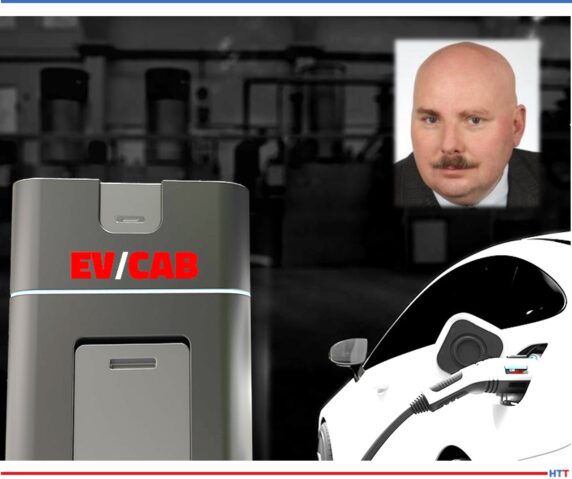 An electric vehicle charging and a headshot of a man