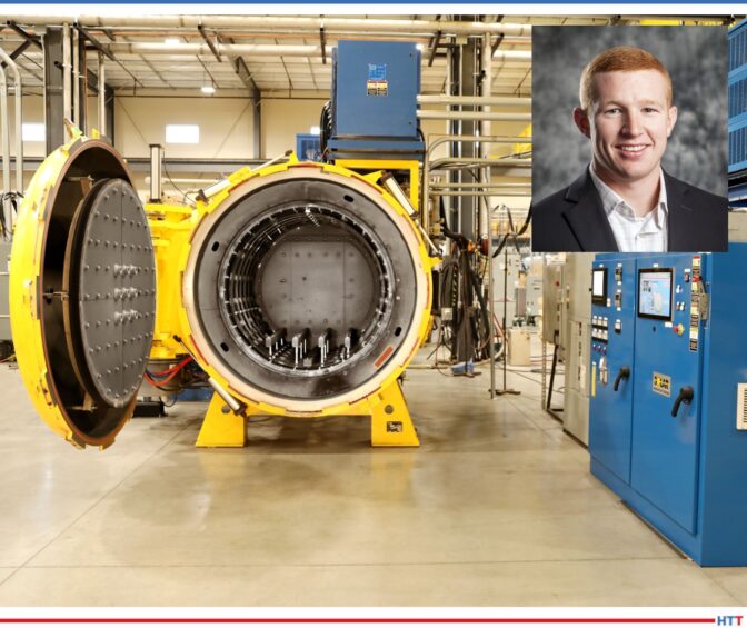 yellow vacuum furnace with a silver, metal interior as well as an inset picture of a smiling, professional man 