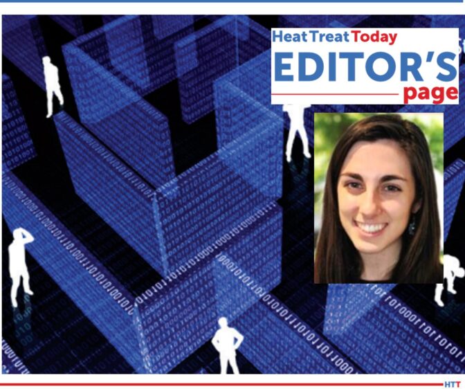 a maze represented with blue digital code overlaid with “Message From the Editor” logo and headshot of smiling, young woman