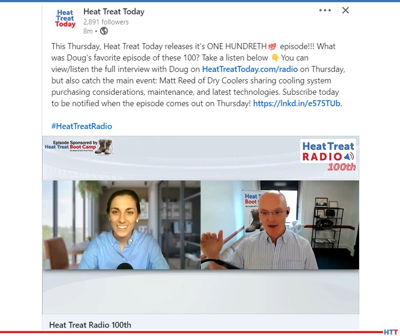 screenshot of a LinkedIn post announcing Heat Treat Radio’s 100th episode