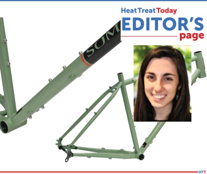 a light green portion of a bike frame overlaid with “Message From the Editor” logo and headshot of smiling, young woman
