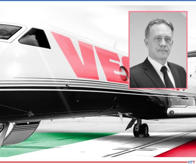 portion of an airplane with inset headshot of man