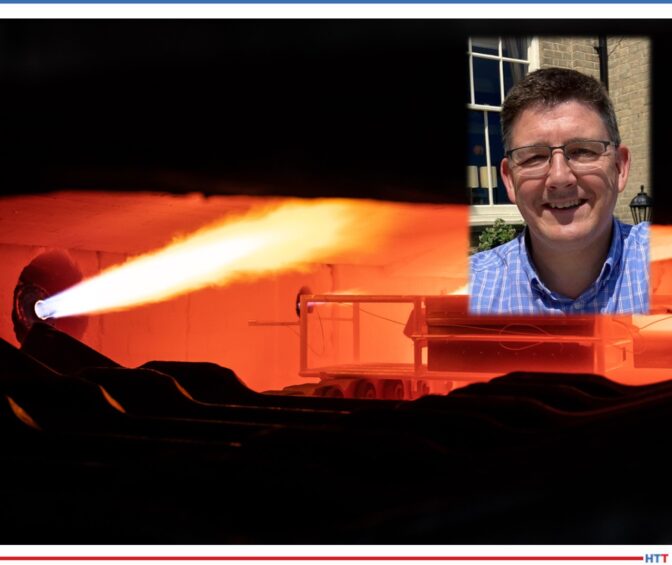The red-hot interior of a furnace and an inset headshot of a smiling, professional man