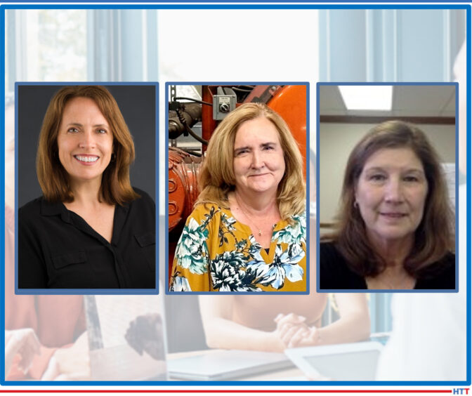 Women chatting and headshots of three industry leaders 