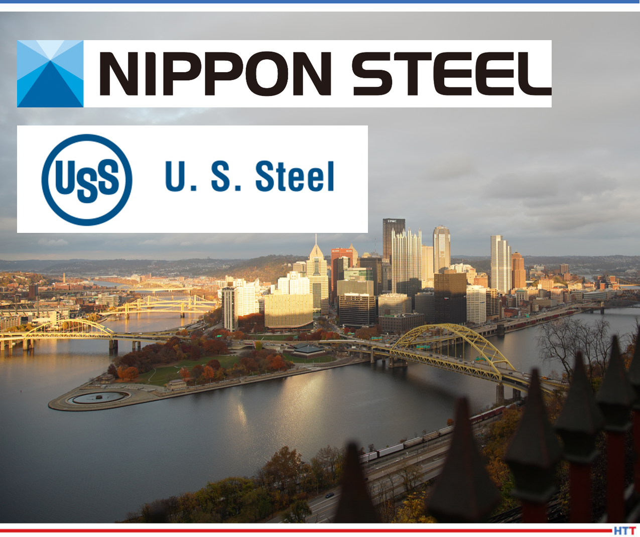 U.S. Steel and  Nippon logos on Pittsburgh viewscape