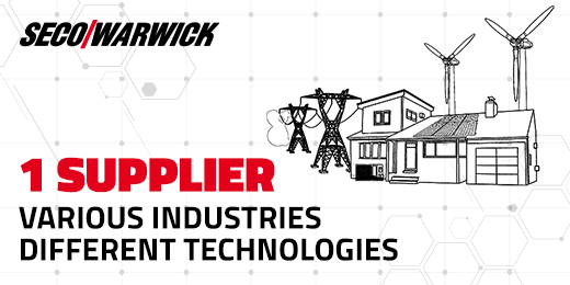 Cartoon of a wind turbine, a power line, and the SECO logo with the text: 1 Supplier various industries, different technologies