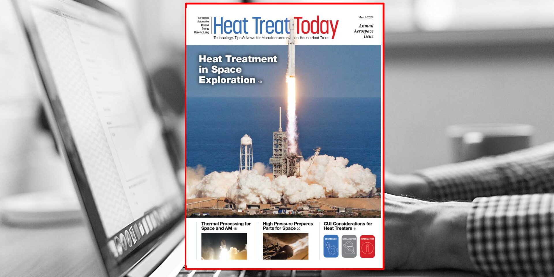 Man at computer with the March digital edition cover