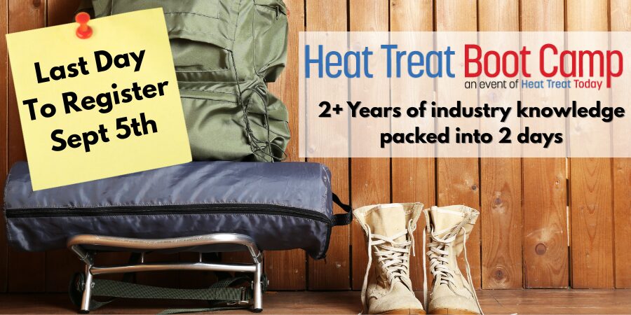 Military bag and boots for boot camp with heat treat boot camp information. Last day to register Sept 5th as a sticky note pinned to the image.