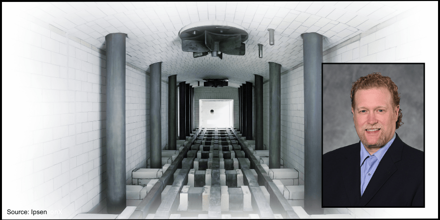 Interior of furnace with bricks, fan, and an expert's face transposed over top