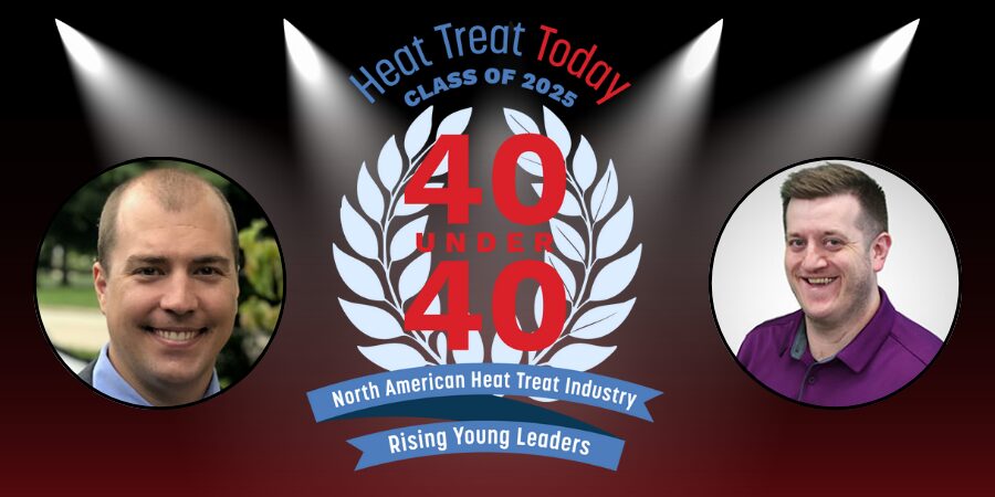 Red curtain with stream lights on two profile pictures of 40 under 40 honorees