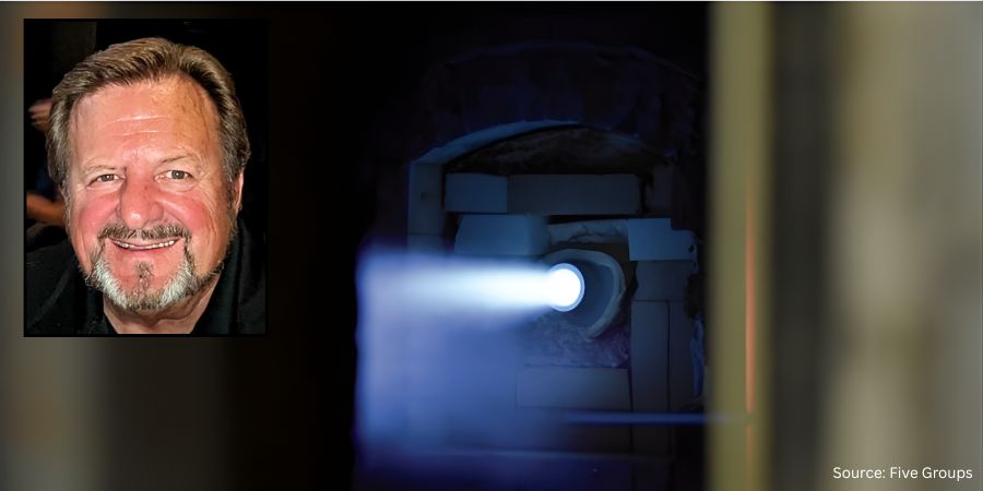 Flame shooting out of nozzle, Jim Robert's profile image transposed over top